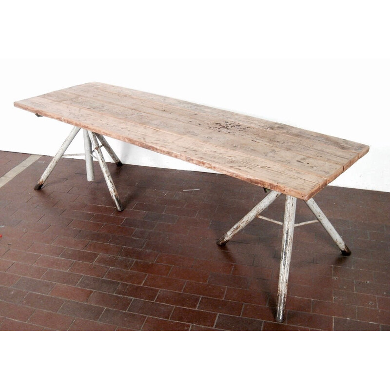 Large vintage dining table in oak and metal,1960