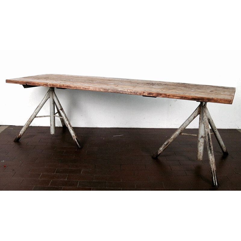 Large vintage dining table in oak and metal,1960