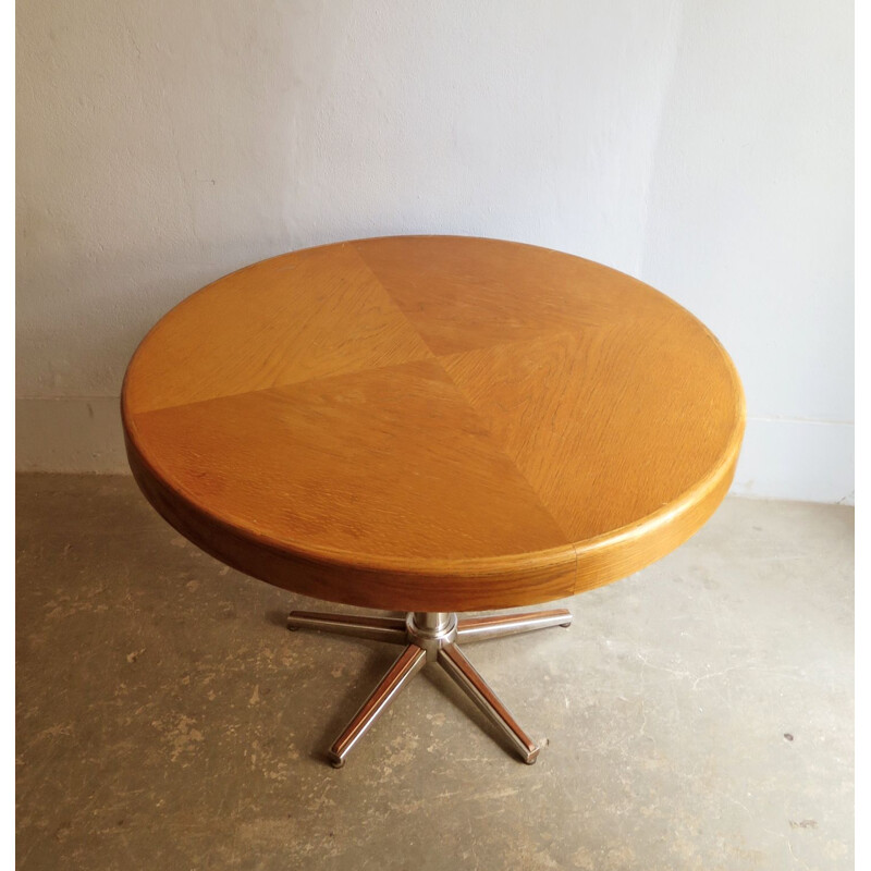 Vintage round coffee table in oak and top in chrome and metal,1970