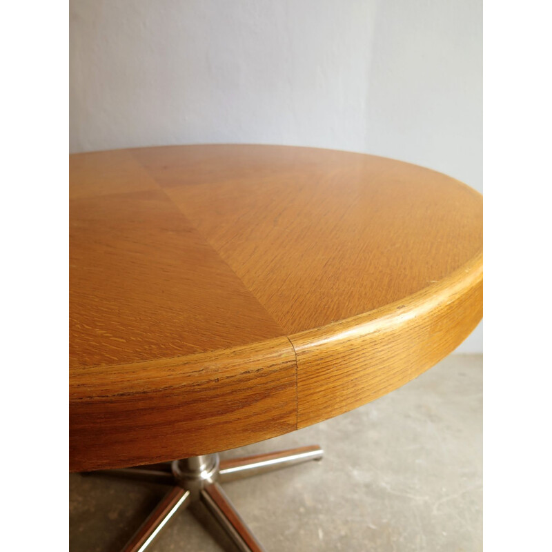 Vintage round coffee table in oak and top in chrome and metal,1970
