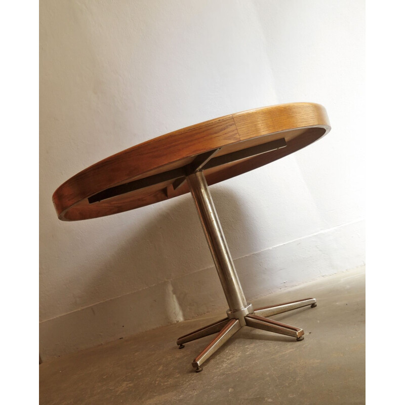 Vintage round coffee table in oak and top in chrome and metal,1970