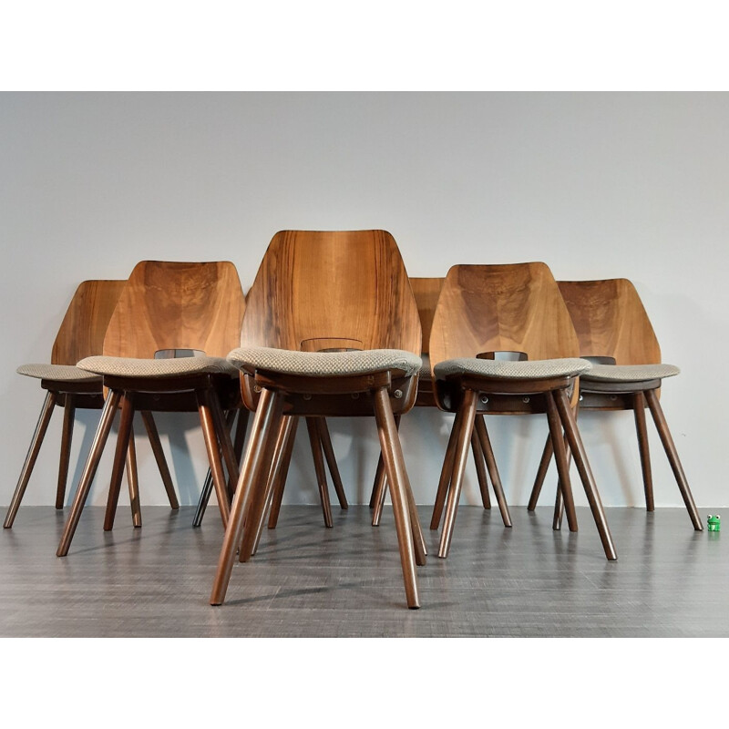  8 chaises à repas vintage en Noyer par Frantisek Jirak pour TATRA,1960