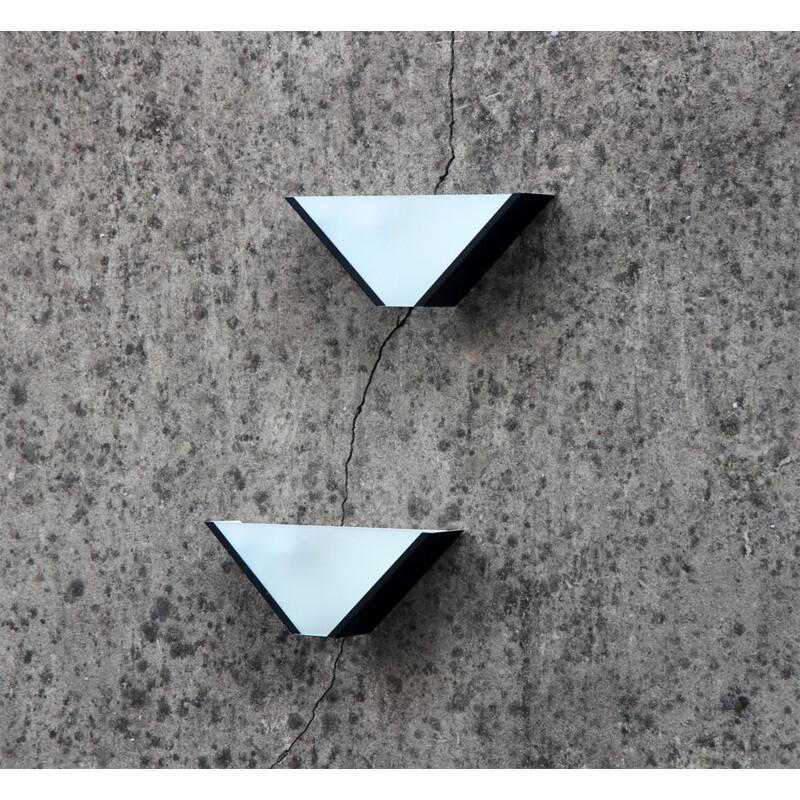 2 black vintage wall lamps in frosted glass,1980