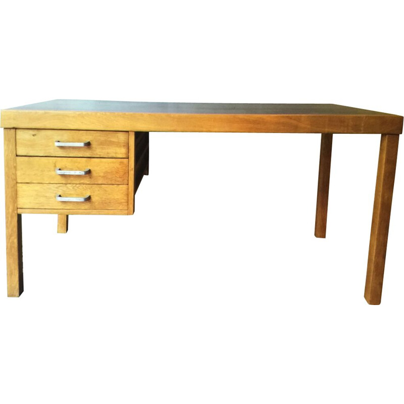 Vintage solid oak desk with black melamine top by Jean Domps