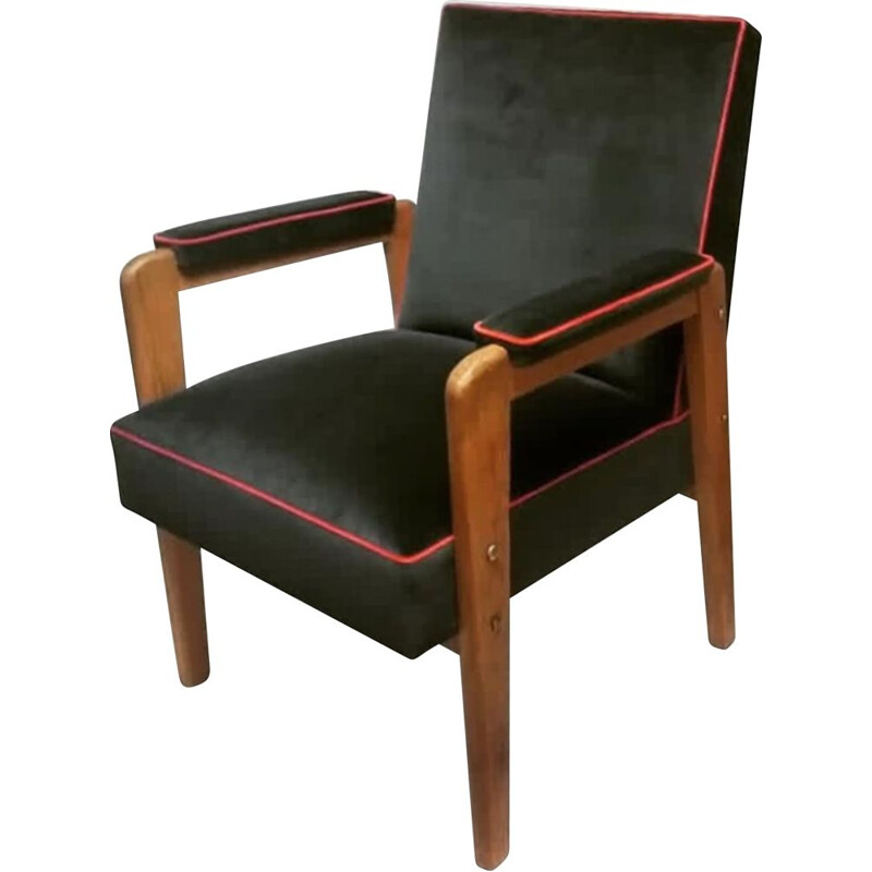 Vintage-Sessel aus massiver Eiche mit grauem Samt und Koralle gepolstert von Marcel Gascoin