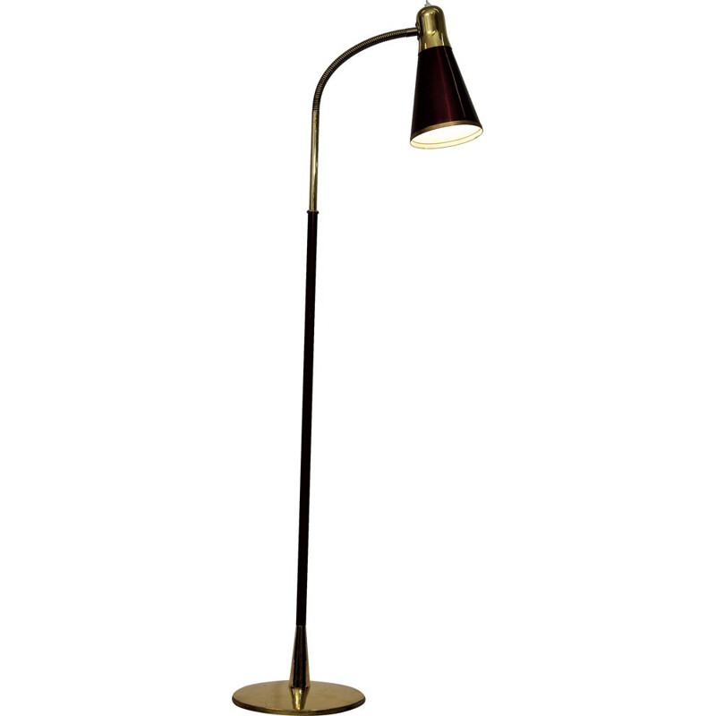 Birger Dahl polished brass and dark red enamel floor lamp by Sønnico Norway 1955