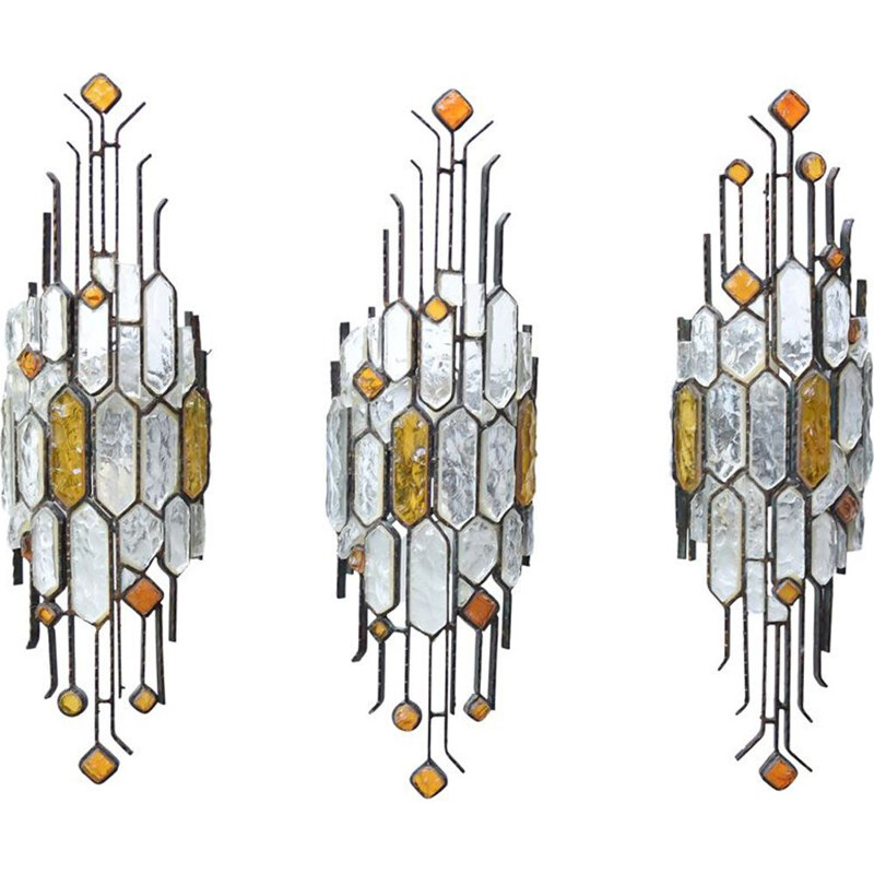 Set aus 3 Vintage-Appliken aus Schmiedeeisen und gehämmertem Glas von Longobar, Italien 1970