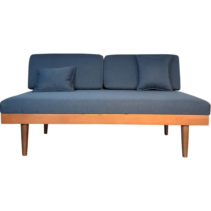 Vintage scandinavian sofa for Ekornes Svane in teak and blue fabric 1960