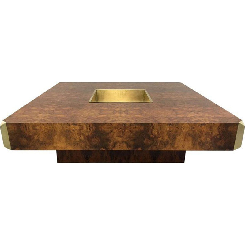 Vintage Alveo coffee table for Mario Sabot in burlwood and brass 1970