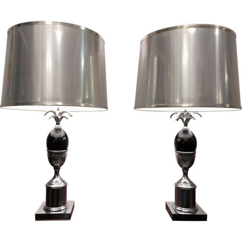 Pair of vintage French lamps in chromed metal and plastic, 1970