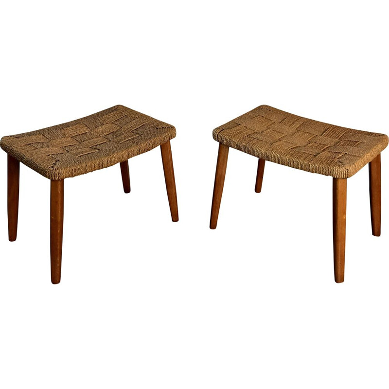 Pair of vintage wooden and rope stools 1960