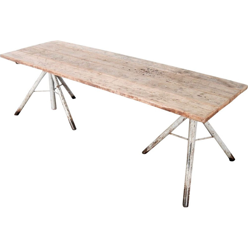 Large vintage dining table in oak and metal,1960