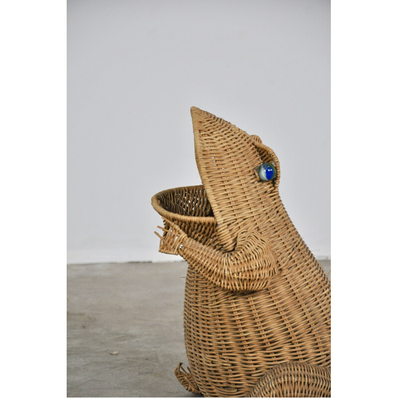 Vintage magazine rack by Olivier Cajan in wicker and glass 1970 