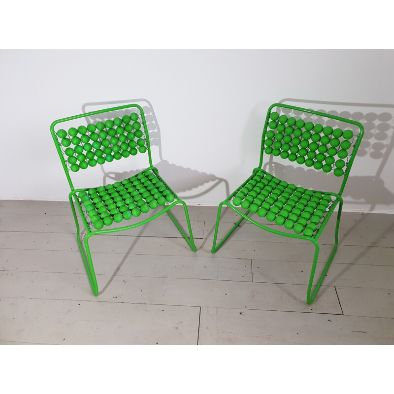 Paire de chaises vintage vertes en acier et plastique 1980