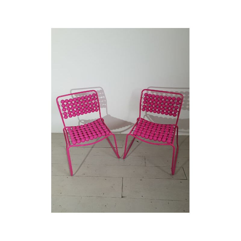 Pair of vintage pink chairs in steel and plastic 1980