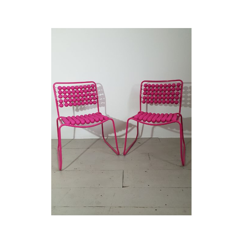 Pair of vintage pink chairs in steel and plastic 1980