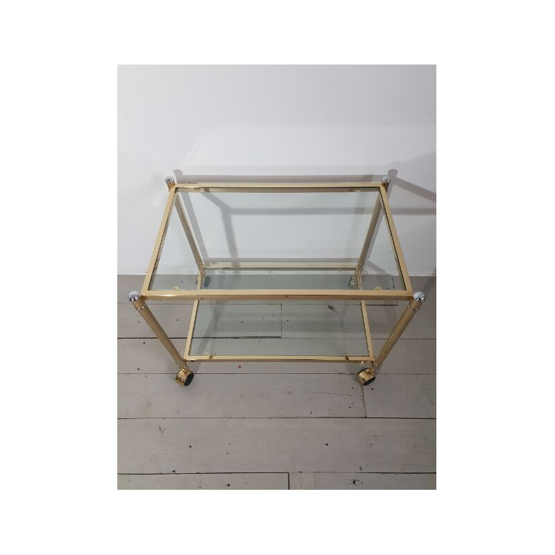 Vintage serving double trays cart in glass and brass 1990