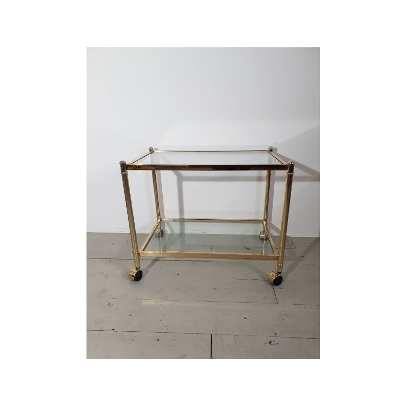 Vintage serving double trays cart in glass and brass 1990