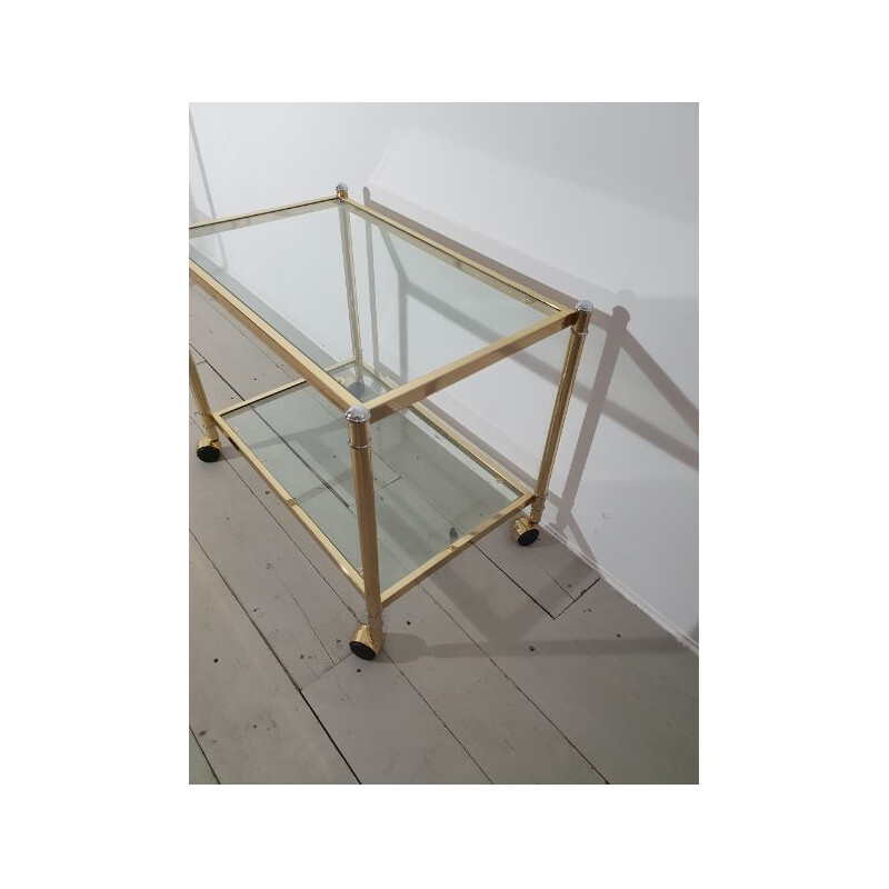 Vintage serving double trays cart in glass and brass 1990