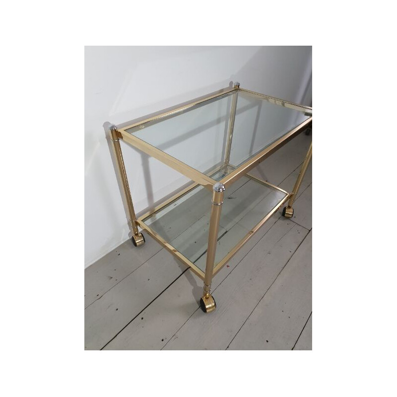 Vintage serving double trays cart in glass and brass 1990