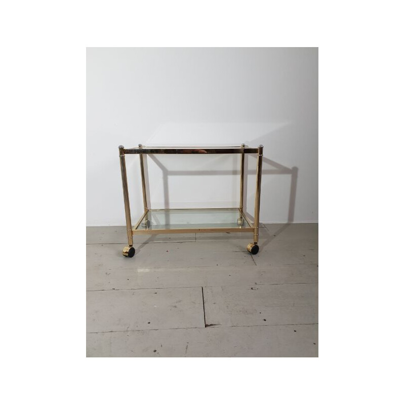 Vintage serving double trays cart in glass and brass 1990
