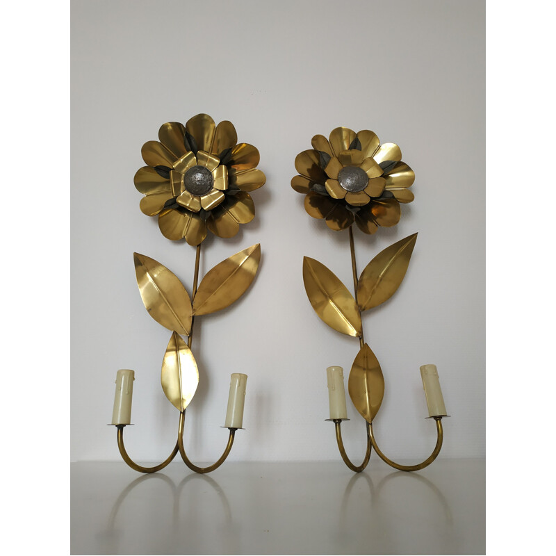 Pair of vintage flower sconces in brass 1970