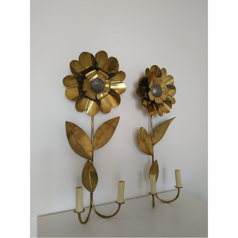 Pair of vintage flower sconces in brass 1970