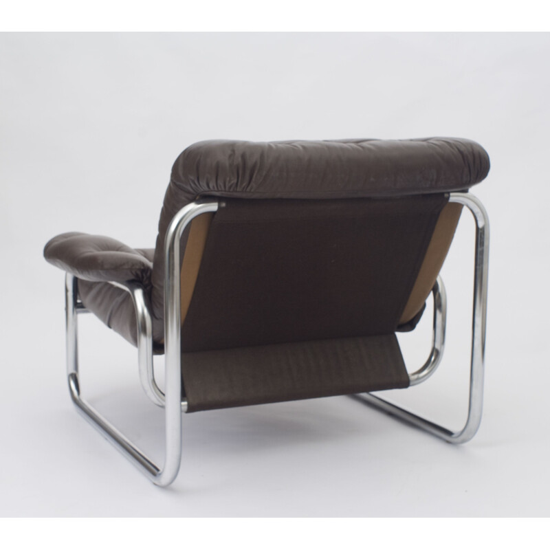 Vintage scandinavian brown leather armchair for IKEA with chrome frame