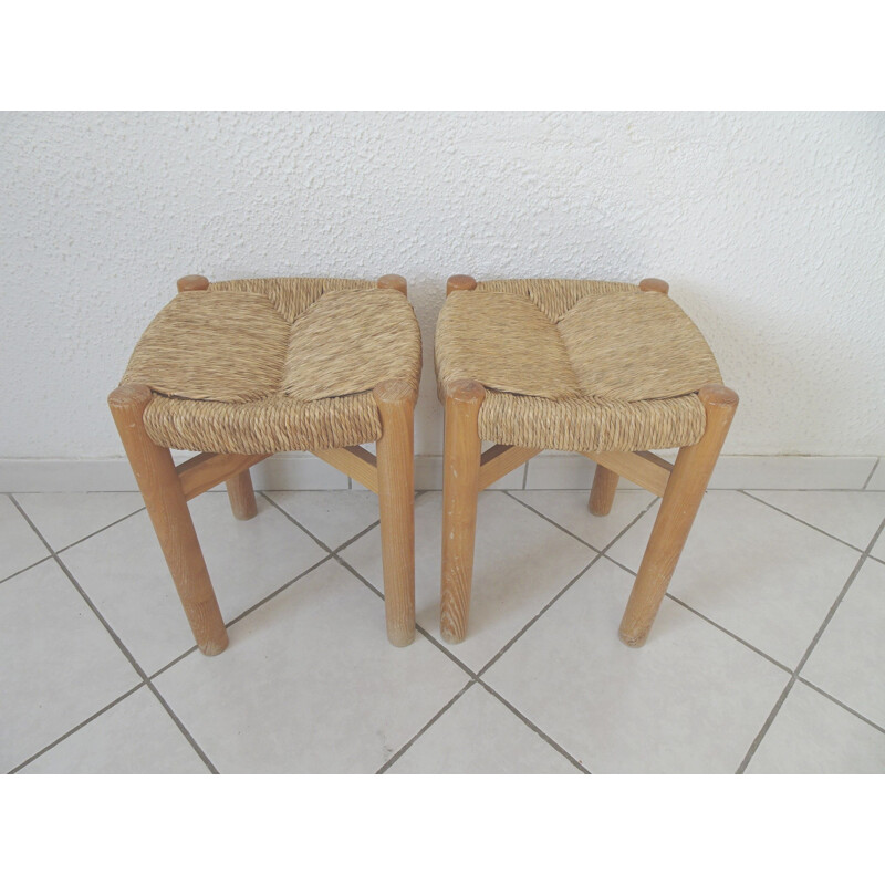 Pair of vintage Meribel stools by Perriand in wood and rope 1960