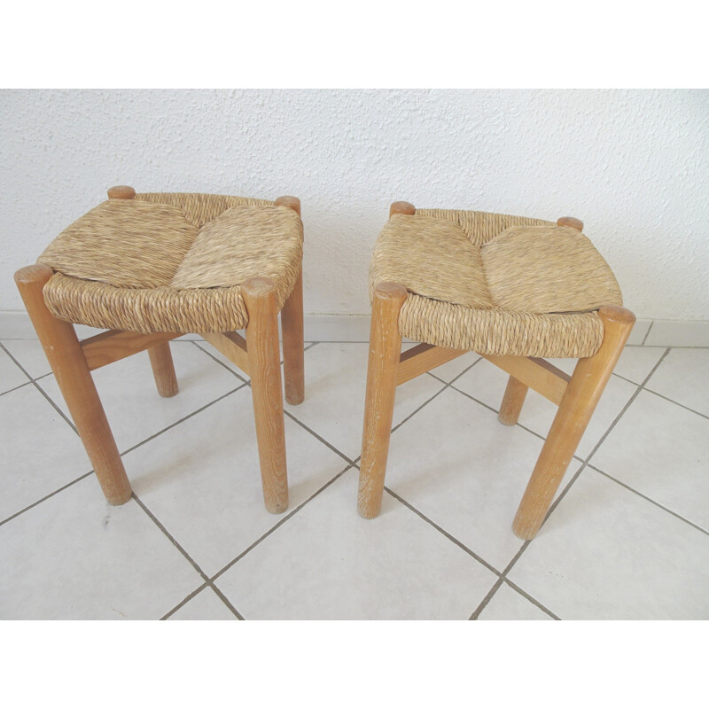 Paire de tabourets vintage Meribel de Perriand en bois et corde 1960