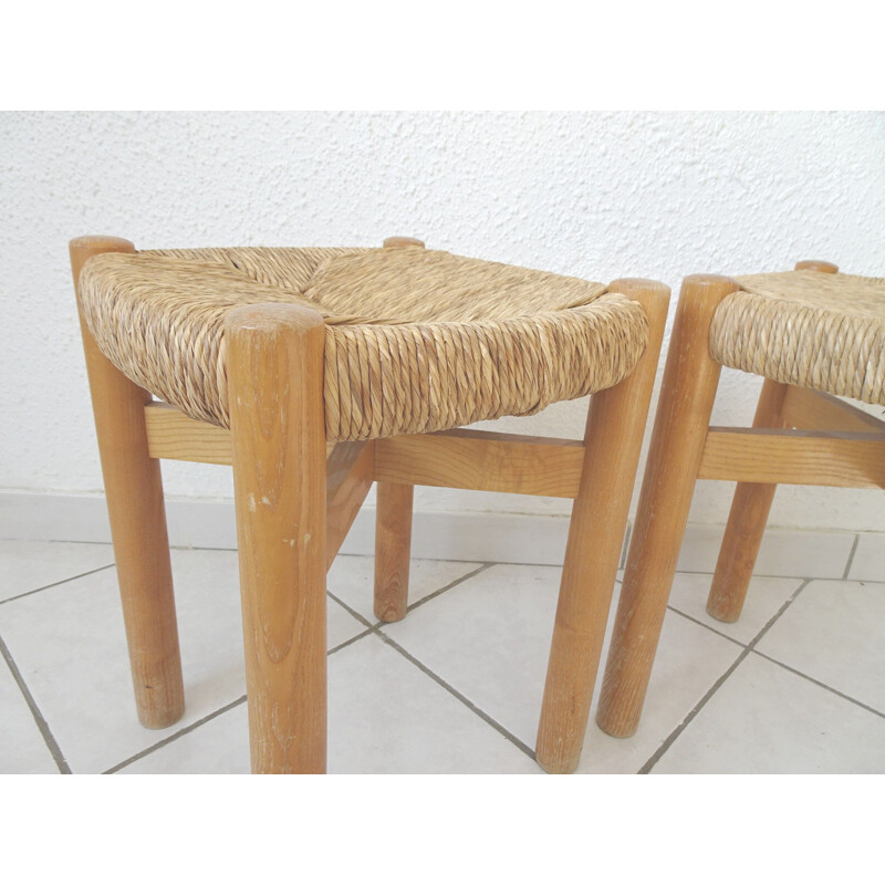 Pair of vintage Meribel stools by Perriand in wood and rope 1960