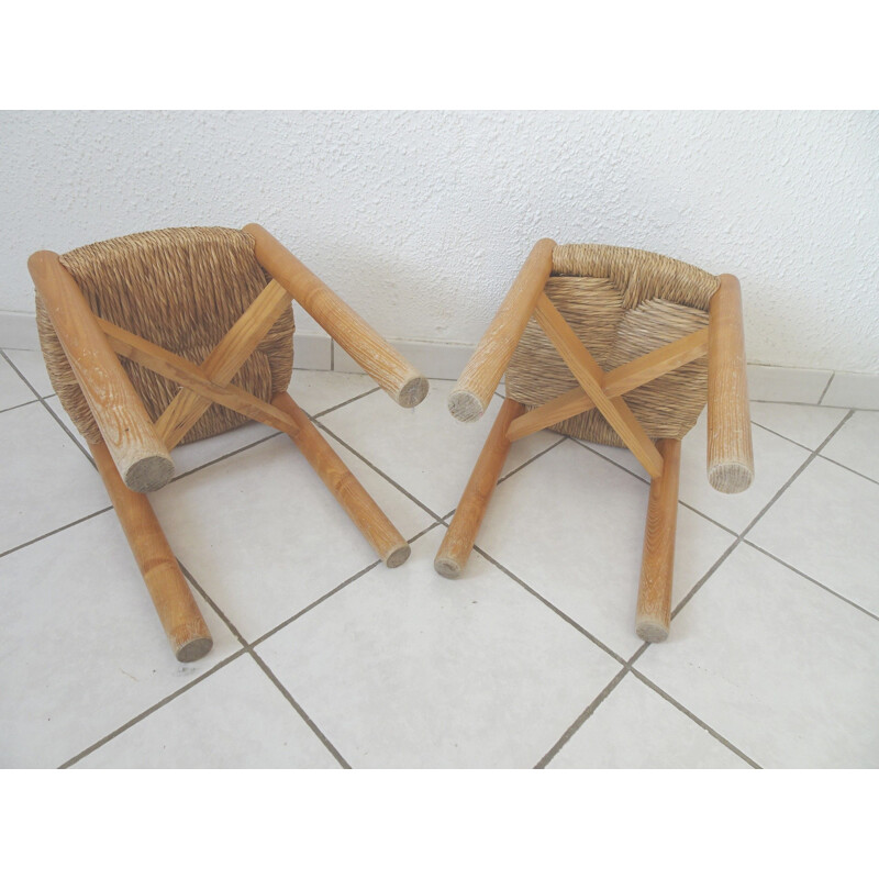 Pair of vintage Meribel stools by Perriand in wood and rope 1960