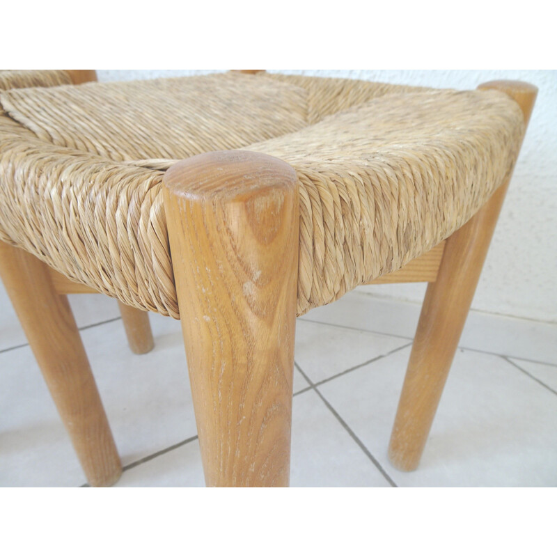 Pair of vintage Meribel stools by Perriand in wood and rope 1960