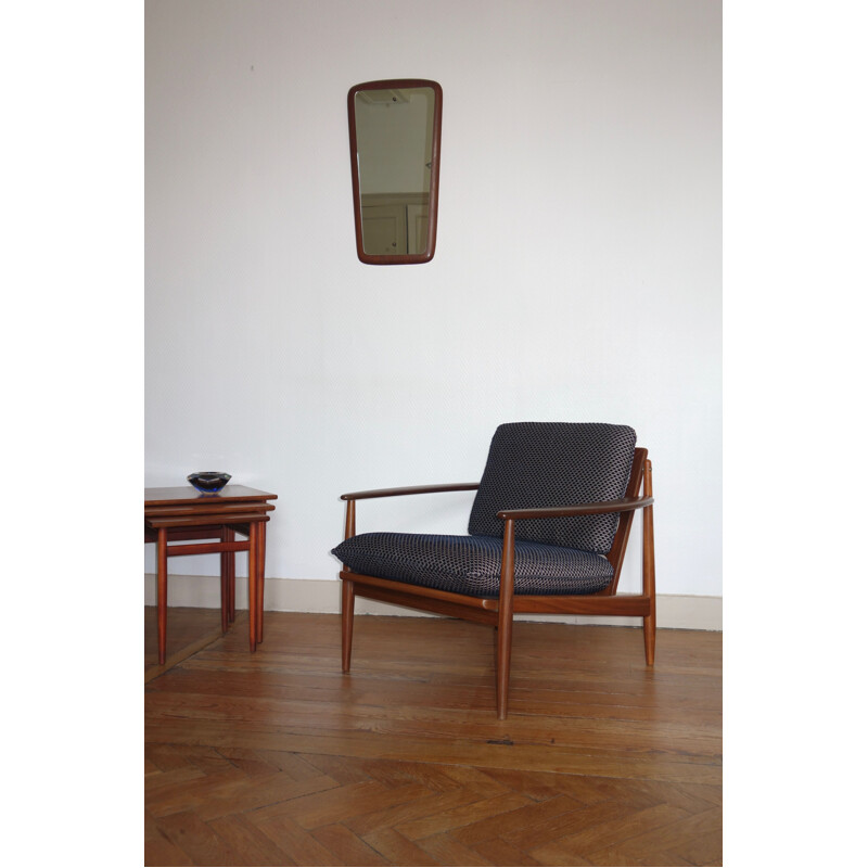 Vintage scandinavian armchair by Grete Jalk in blue velvet and teak 1960