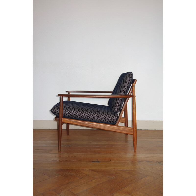 Vintage scandinavian armchair by Grete Jalk in blue velvet and teak 1960