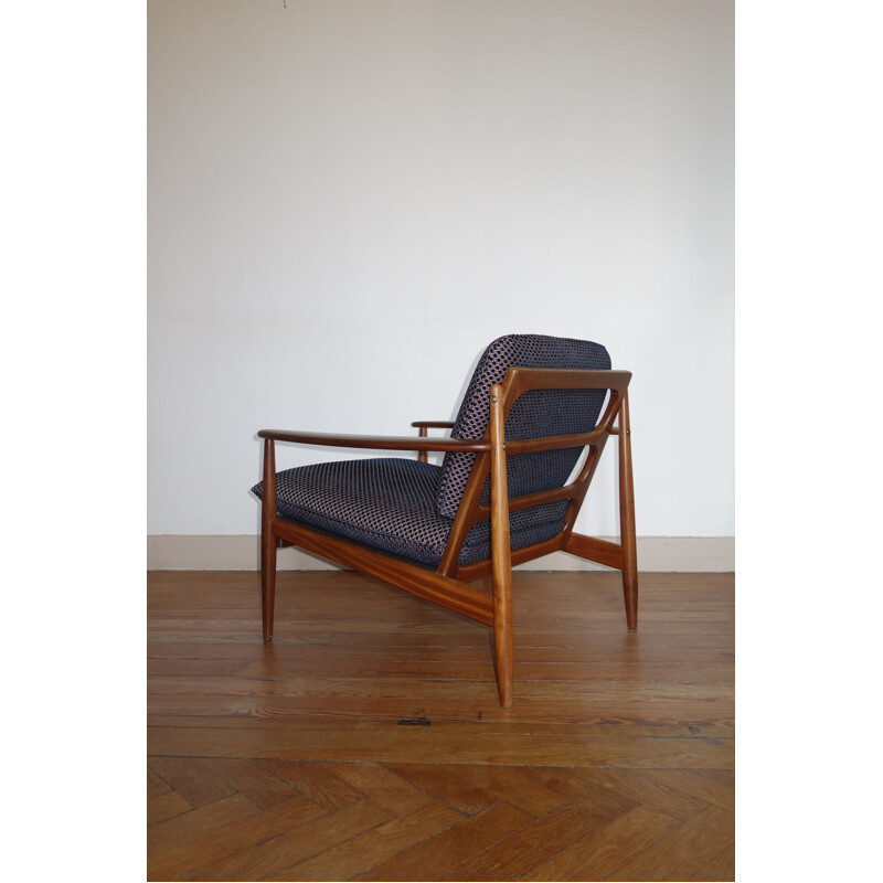 Vintage scandinavian armchair by Grete Jalk in blue velvet and teak 1960