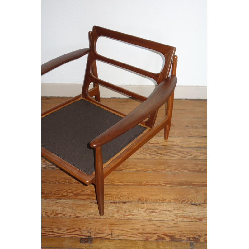 Vintage scandinavian armchair by Grete Jalk in blue velvet and teak 1960