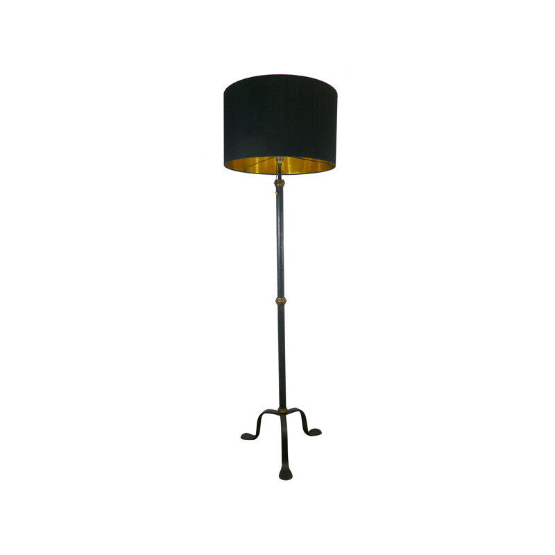 Vintage black and green patinated iron tripod floor lamp, 1940