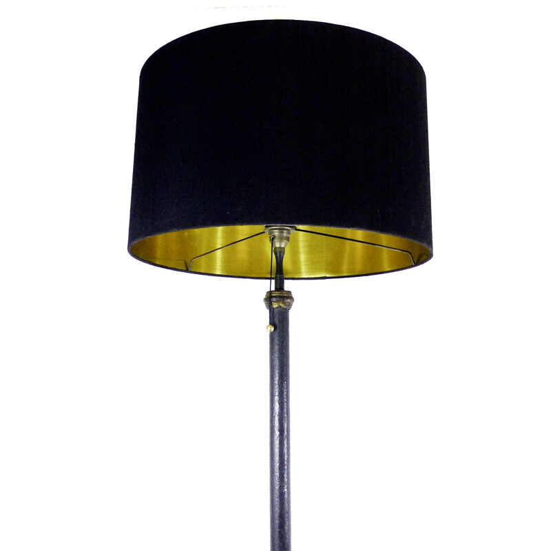 Vintage black and green patinated iron tripod floor lamp, 1940