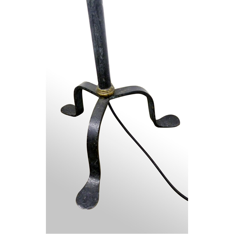 Vintage black and green patinated iron tripod floor lamp, 1940