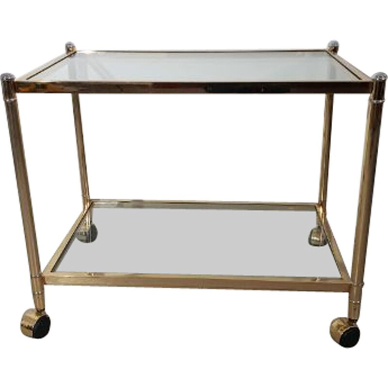 Vintage serving double trays cart in glass and brass 1990