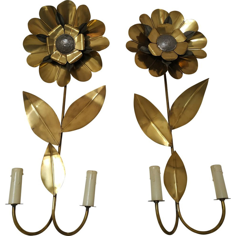 Pair of vintage flower sconces in brass 1970