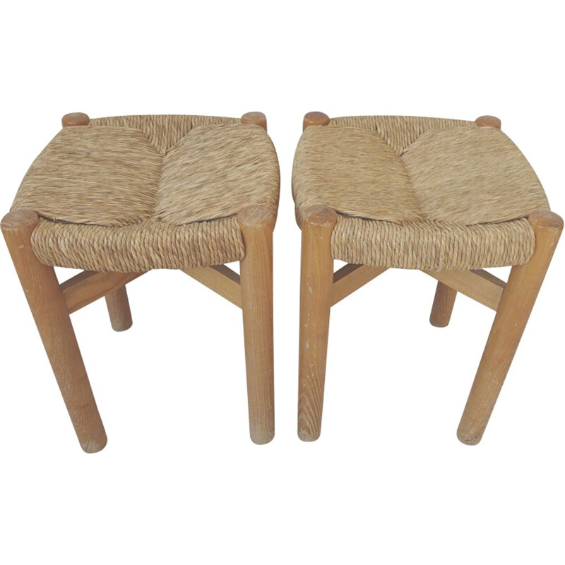 Pair of vintage Meribel stools by Perriand in wood and rope 1960