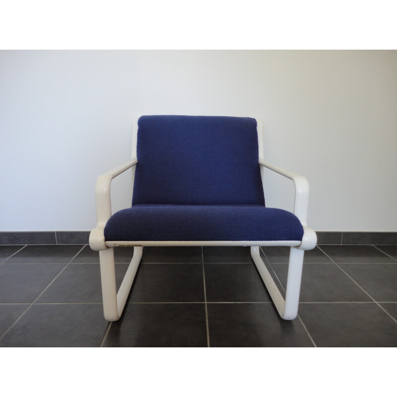 Fauteuil en aluminium et tissu bleu, Andrew Ivar MORRISON & Bruce HANNAH, édition Knoll - 1975