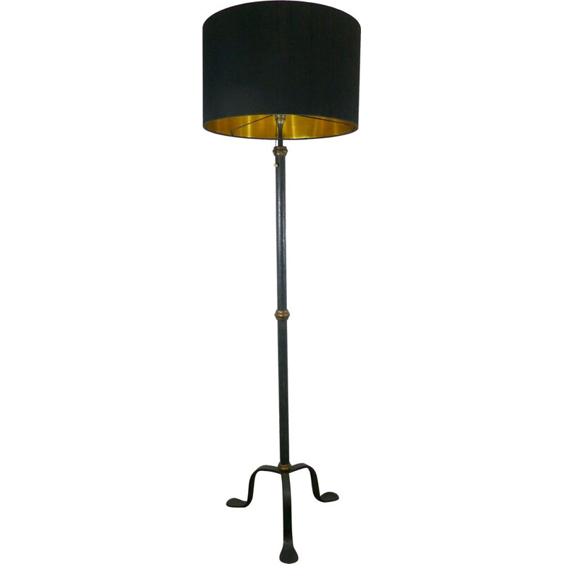 Vintage black and green patinated iron tripod floor lamp, 1940