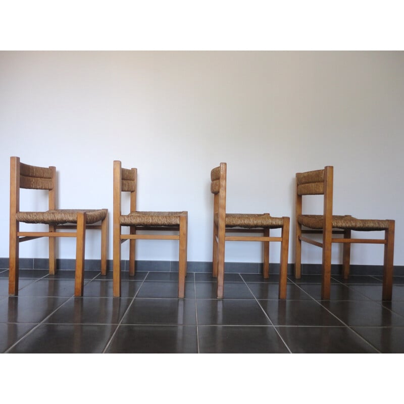 Ensemble de 4 chaises en pin et paille, Pierre GAUTIER-DELAYE - 1954