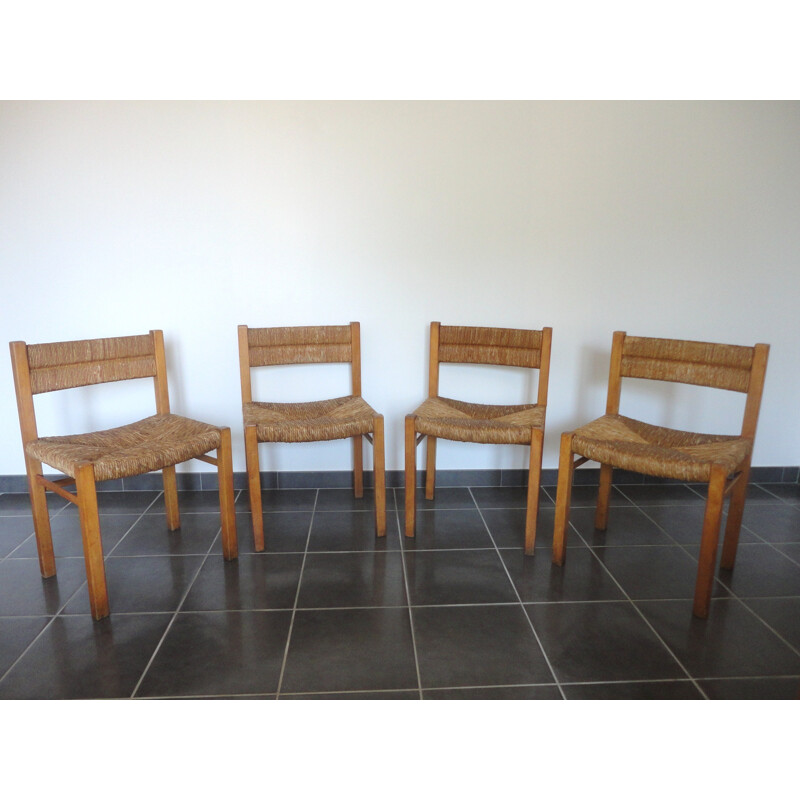 Set of 4 pine and straw chairs, Pierre GAUTIER-DELAYE - 1954