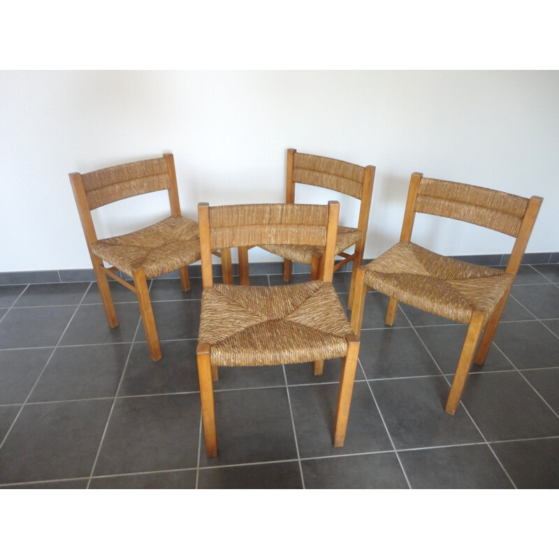 Set of 4 pine and straw chairs, Pierre GAUTIER-DELAYE - 1954