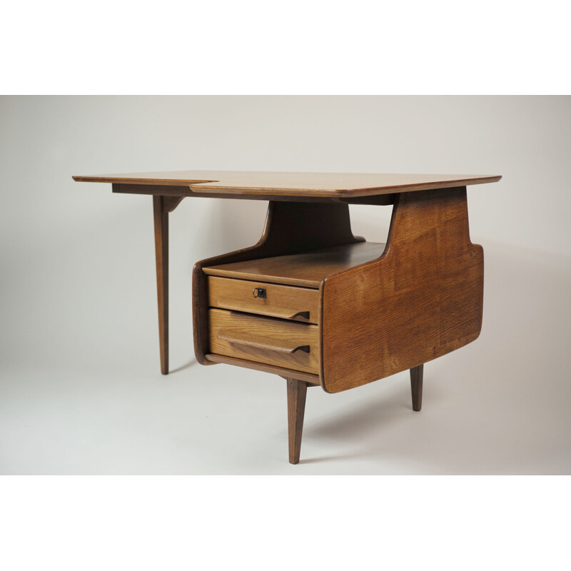 Bureau de forme libre en placage de chêne, Jacques HAUVILLE - 1950