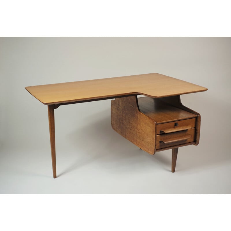 Bureau de forme libre en placage de chêne, Jacques HAUVILLE - 1950